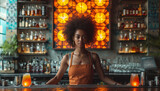 Fototapeta Młodzieżowe - Black American, african woman Bartender working in modern bar in summer time.Earning money abroad, Restaurant business, Alcohol concept
