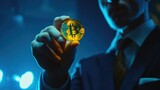 Fototapeta Młodzieżowe - businessman holding gold bitcoin in hand, dramatic light glow futuristic theme, Generative Ai