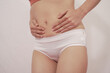 © NanSan - Close-up of woman wearing white panties On a white background about menstruation, cervical cancer, ovarian cancer.