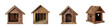 Set of wooden toy houses. Pet house. Wood Kennel for pets. Toy house for children to play in. With door entrance, windows, rooftop. Many models and styles. Doghouse, cat house. 