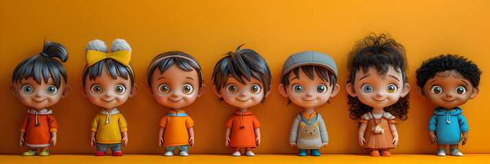 Wall Mural - A 3D animated cartoon render of a group of smiling kids posing for a photo.