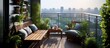 A wooden bench is placed on top of a spacious and bright urban residential enclosed balcony. The design features green plants and household appliances, creating a casual and comfortable atmosphere.
