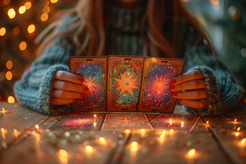 Woman is holding tarot cards in her hands and sitting at a table. Scene is mysterious and intriguing