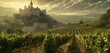 A striking image unfolds as a medieval castle commands attention above bountiful vineyards, where the sun-kissed ripe grape bunches add a touch of splendor to this historical landscape.