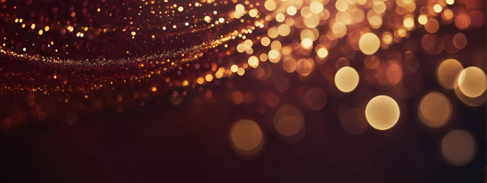Deep maroon rays with golden sparkles and bokeh lights.