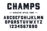 Fototapeta Młodzieżowe - American college classic font. Vintage sports font in American style for T-shirt designs for football, baseball, and basketball teams. College, school and varsity style font, tackle twill. Vector