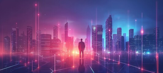 Poster - Small silhouette of a businessman on the background of futuristic city office buildings and skyscrapers with abstract digital pattern. Digital big data technology, business network connection concept.