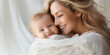 Beaufiful mother holding newborn child. Banner with copyspace. Shallow depth of field.