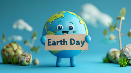 A cartoon Earth, cradling a sign emblazoned with the words 