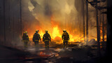 Fototapeta  - Firefighters extinguish a fire. Neural network AI generated art