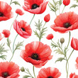 Watercolor seamless pattern with poppy flowers.Water