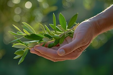 A hand holding a bunch of olive leaves