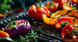 BBQ Grilled vegetables on Skewers with Fresh Herbs and Spices. Summer Barbecue Food. grilled vegetables on grate outside