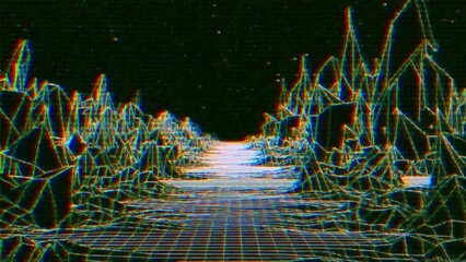 Poster - Abstract analog grunge VHS styled 80s retro background gaming and vj loop animation. Retrowave horizon landscape with neon lights and low poly shaded terrain. Synthwave wireframe, Retro futurism grid