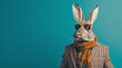 Cool looking hare wearing elegant suit with scarf and sunglasses. Wide banner with space for text at side. Stylish animal posing. 
