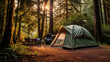 Campground with camping tent in the woods