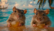 Two Mice with cocktails are relaxing on the sea resort beach, hamsters are sunbathing on vacation.