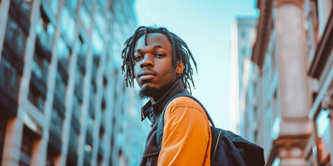 A serious and trendy young African American man with dreadlocks, standing in an urban setting.