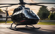 Black helicopter stands on the runway near the private house of a billionaire