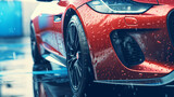 Close up view of luxury sports car wash with fresh water