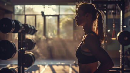 Profile of young sporty woman going to do sport training . Woman at the gym. Generative ai