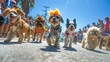 A whimsical outdoor pet parade with dogs wearing creative costumes, owners proudly walking alongside them, and spectators lining the streets, all under a clear, sunny sky