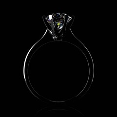 Wall Mural - Diamond engagement ring on black background, six prong setting, round brilliant cut 2 carat stone, backlit silhouette view