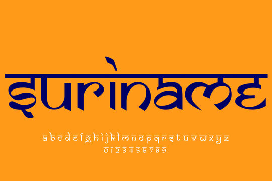 South American country Suriname name text design. Indian style Latin font design, Devanagari inspired alphabet, letters and numbers, illustration.