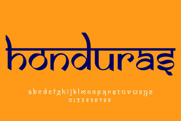 North American Country Honduras name text design. Indian style Latin font design, Devanagari inspired alphabet, letters and numbers, illustration.