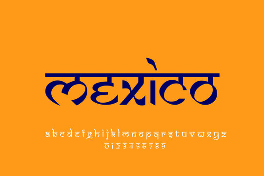 North American Country Mexico name text design. Indian style Latin font design, Devanagari inspired alphabet, letters and numbers, illustration.