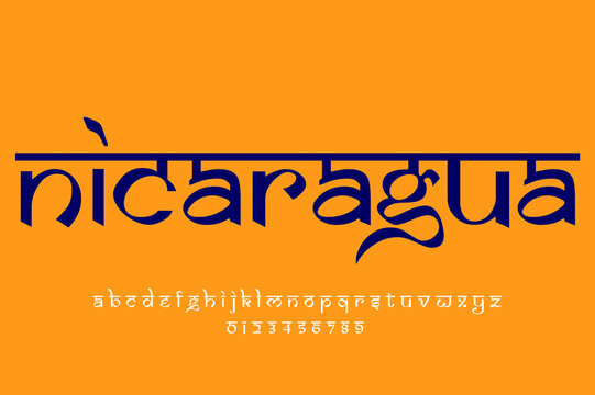North American Country Nicaragua name text design. Indian style Latin font design, Devanagari inspired alphabet, letters and numbers, illustration.