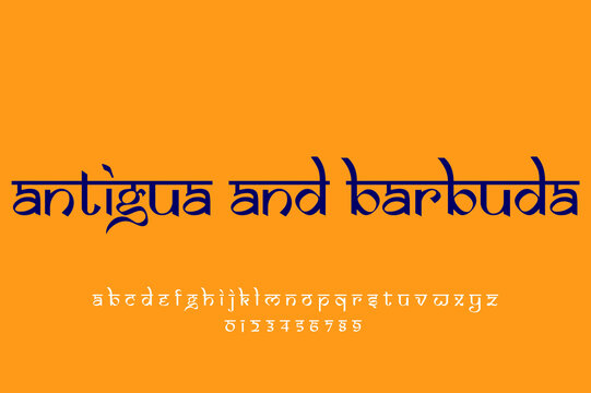 North American Country Antigua and Barbuda name text design. Indian style Latin font design, Devanagari inspired alphabet, letters and numbers, illustration.