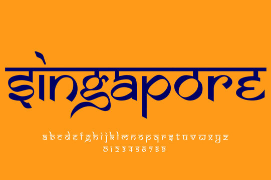country Singapore name text design. Indian style Latin font design, Devanagari inspired alphabet, letters and numbers, illustration.