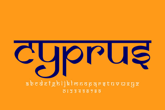 country Cyprus text design. Indian style Latin font design, Devanagari inspired alphabet, letters and numbers, illustration.