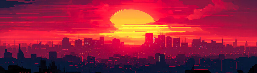 Wall Mural - surreal psychedelic wallpaper artwork of a synthwave or vapor wave sunset cityscape, big metropolis city skyline, birds view, panorama