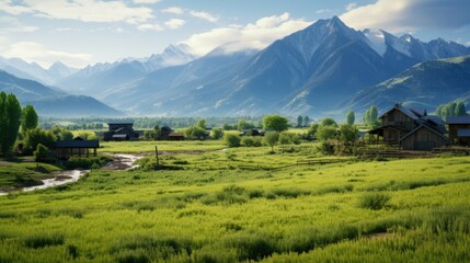 Canvas Print - A picturesque green field with charming houses and majestic mountains in the background. Suitable for travel and real estate concepts