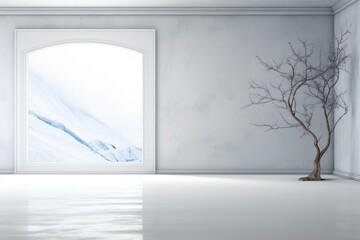 Poster - A tree standing in front of a window in an empty room. Suitable for interior design concepts
