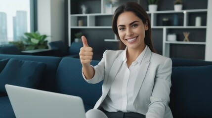 Canvas Print - A woman sitting on a couch giving a thumbs up gesture. Suitable for lifestyle and positivity concepts