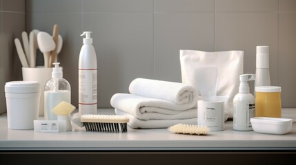 Poster - A cluttered bathroom counter with various personal care items. Perfect for beauty and hygiene concepts