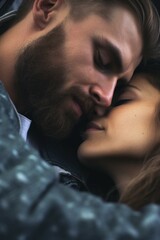 Poster - A man and a woman cuddling in a warm embrace. Suitable for relationship and love concepts