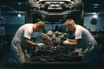 Poster - Two men working on a car engine in a garage. Suitable for automotive industry promotions