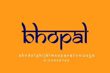 Wall Mural - Indian City Bhopal text design. Indian style Latin font design, Devanagari inspired alphabet, letters and numbers, illustration.