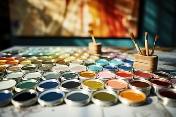 Poster - Close up of paint and brushes on a table. Ideal for art and creativity concepts