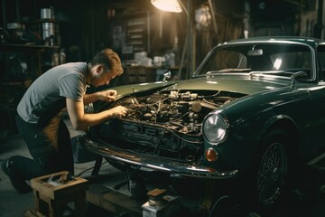 Poster - A man is fixing a car in a garage. Suitable for automotive industry