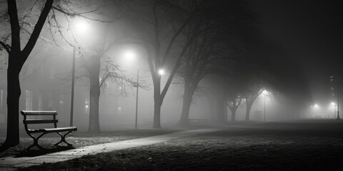 Poster - A park bench sitting in the middle of a park at night. Suitable for urban and night scene concepts