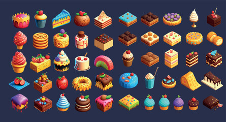 Poster - Delightful Array of Colorful, Detailed Desserts - Vector Illustration Featuring Cakes, Cupcakes, Pies, and More for Every Sweet