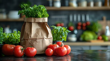 Sticker - Fresh tomatoes and green herbs in paper bag on kitchen counter. healthy food shopping concept. sustainable living with zero waste. grocery essentials. AI