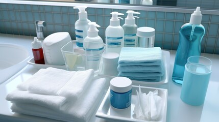 Poster - A cluttered bathroom counter with various personal care items. Perfect for beauty and hygiene concepts