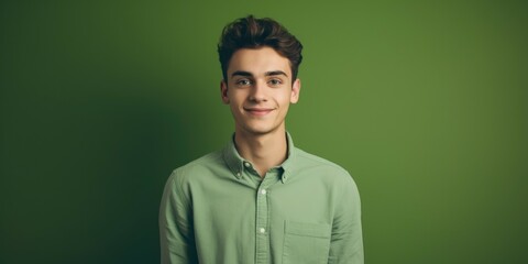 Canvas Print - A young man in a green shirt posing for a picture. Suitable for various concepts