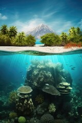 Poster - Underwater view of a coral reef with a distant mountain, suitable for travel and nature concepts